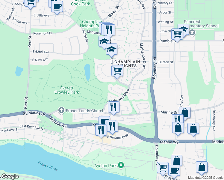 map of restaurants, bars, coffee shops, grocery stores, and more near 3470 Lynmoor Place in Vancouver