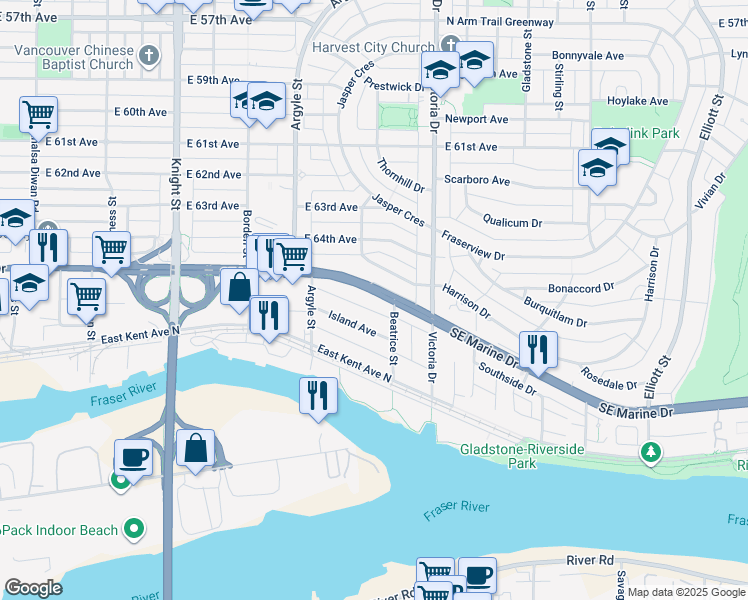 map of restaurants, bars, coffee shops, grocery stores, and more near 1860 Southeast Marine Drive in Vancouver