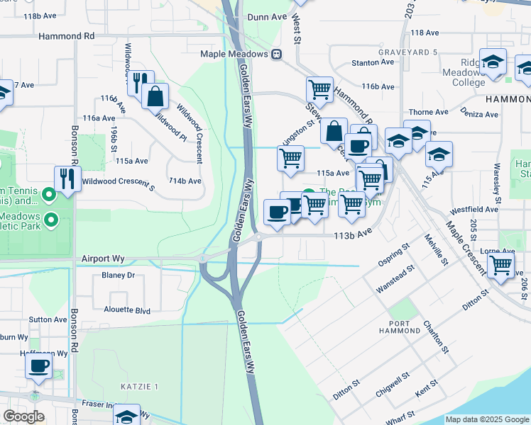 map of restaurants, bars, coffee shops, grocery stores, and more near in Maple Ridge
