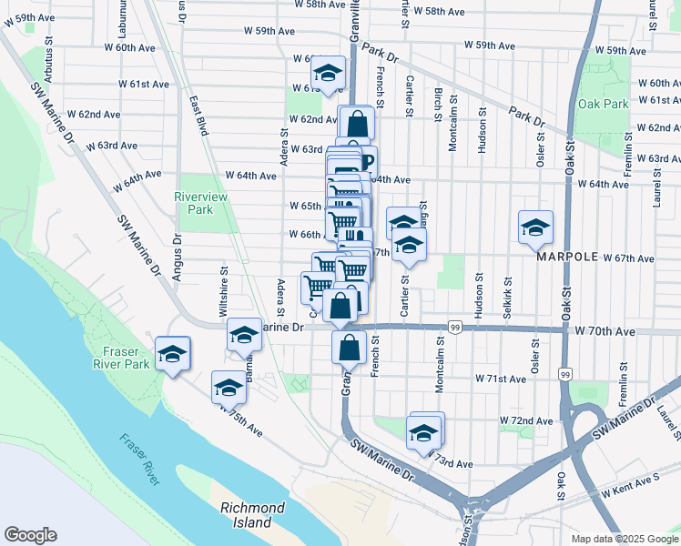map of restaurants, bars, coffee shops, grocery stores, and more near in Vancouver