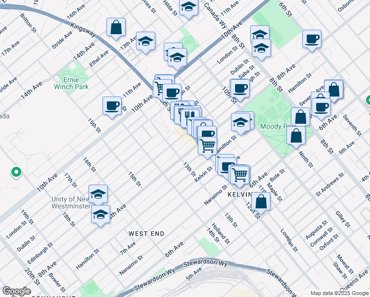map of restaurants, bars, coffee shops, grocery stores, and more near 1211 8th Avenue in New Westminster