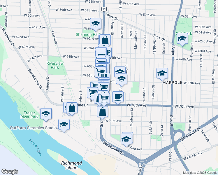 map of restaurants, bars, coffee shops, grocery stores, and more near in Vancouver