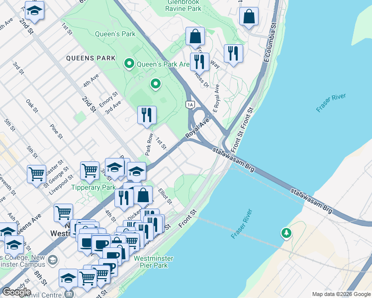 map of restaurants, bars, coffee shops, grocery stores, and more near 73 Coburg Street in New Westminster