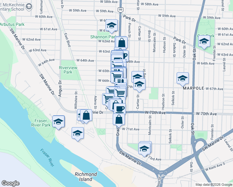 map of restaurants, bars, coffee shops, grocery stores, and more near 8415 Granville Street in Vancouver