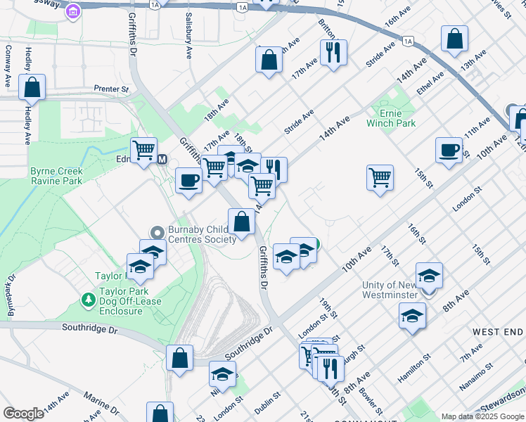 map of restaurants, bars, coffee shops, grocery stores, and more near 7058 14th Avenue in Burnaby