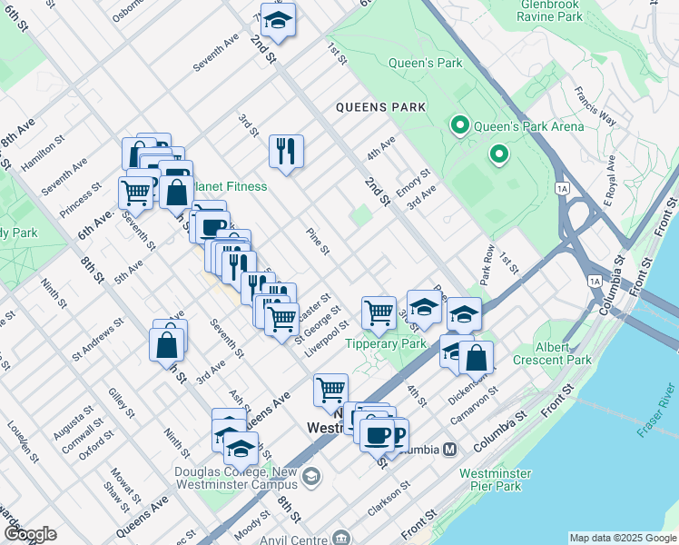 map of restaurants, bars, coffee shops, grocery stores, and more near 316 Pearson Street in New Westminster