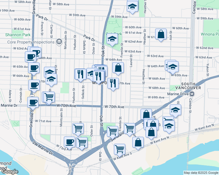 map of restaurants, bars, coffee shops, grocery stores, and more near 8369 Shaughnessy Street in Vancouver
