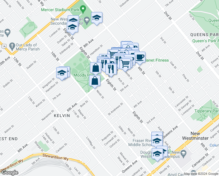 map of restaurants, bars, coffee shops, grocery stores, and more near 520 8th Street in New Westminster