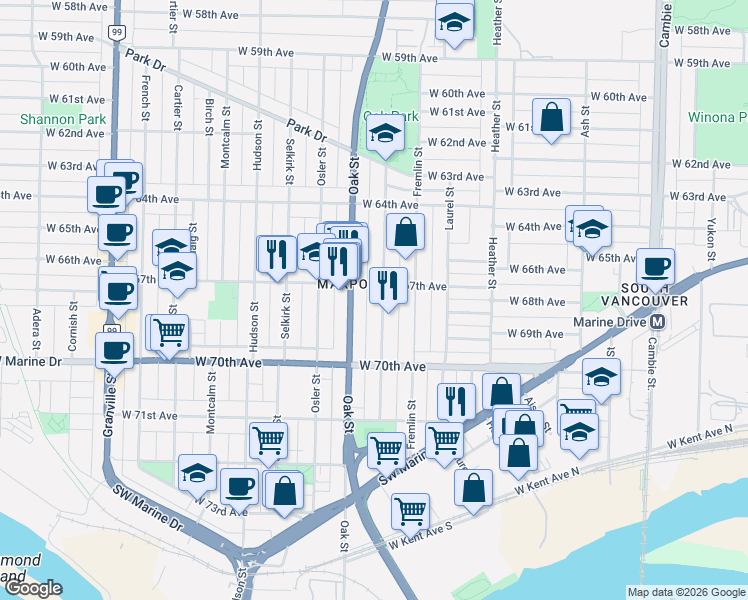 map of restaurants, bars, coffee shops, grocery stores, and more near 8369 Shaughnessy Street in Vancouver