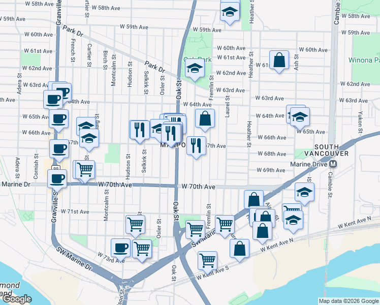 map of restaurants, bars, coffee shops, grocery stores, and more near in Vancouver