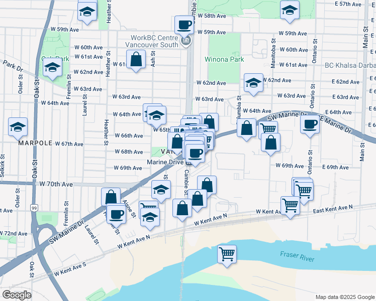 map of restaurants, bars, coffee shops, grocery stores, and more near Cambie Street in Vancouver