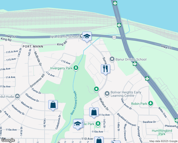 map of restaurants, bars, coffee shops, grocery stores, and more near 11435 Wellington Crescent in Surrey