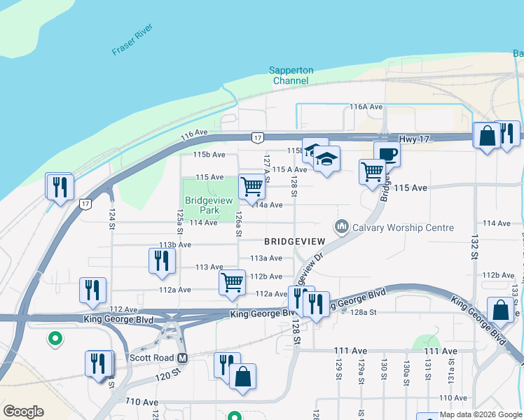 map of restaurants, bars, coffee shops, grocery stores, and more near in Surrey