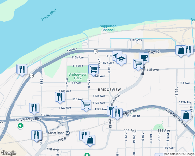 map of restaurants, bars, coffee shops, grocery stores, and more near 12728 114A Avenue in Surrey