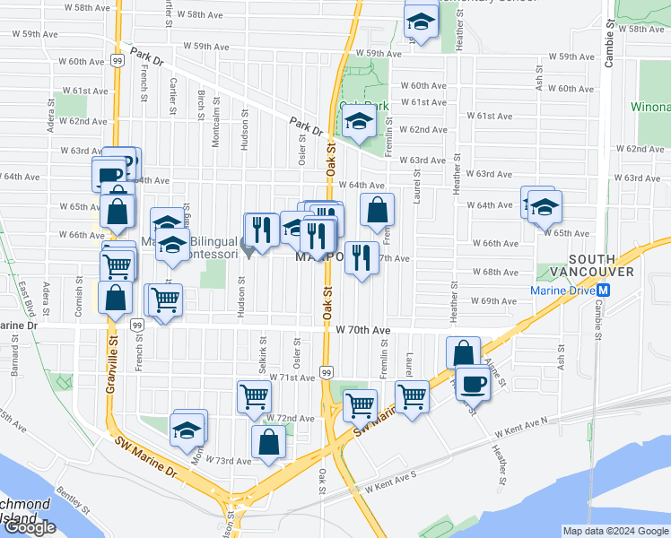 map of restaurants, bars, coffee shops, grocery stores, and more near 8320 Oak Street in Vancouver