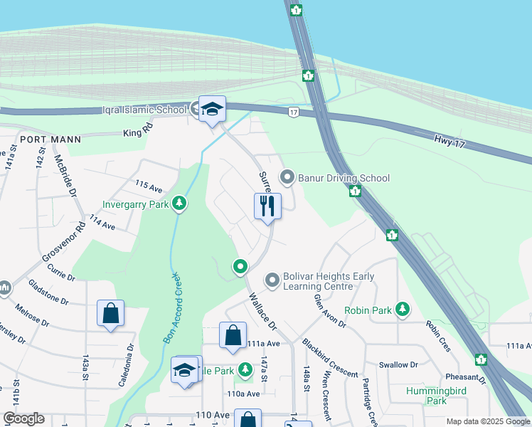 map of restaurants, bars, coffee shops, grocery stores, and more near 11441 Surrey Road in Surrey