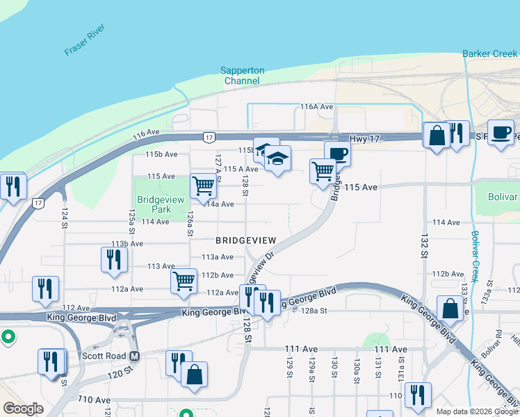map of restaurants, bars, coffee shops, grocery stores, and more near 12822 114A Avenue in Surrey