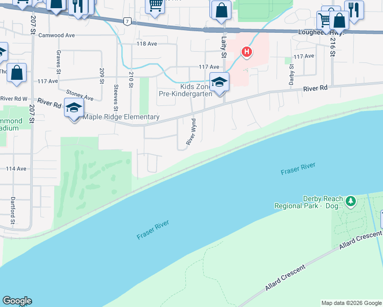 map of restaurants, bars, coffee shops, grocery stores, and more near 11446 River Wynd in Maple Ridge