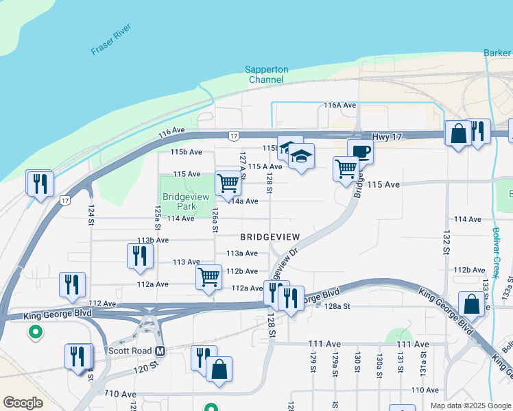 map of restaurants, bars, coffee shops, grocery stores, and more near 12768 114A Avenue in Surrey