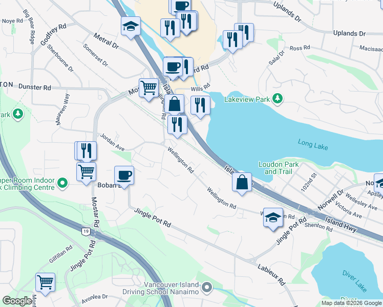 map of restaurants, bars, coffee shops, grocery stores, and more near 4649 Wellington Road in Nanaimo
