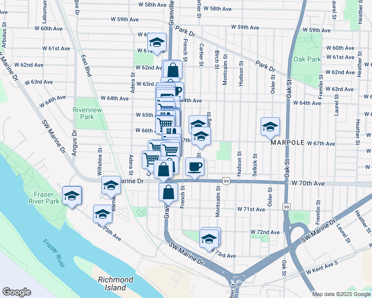 map of restaurants, bars, coffee shops, grocery stores, and more near 8348 French Street in Vancouver
