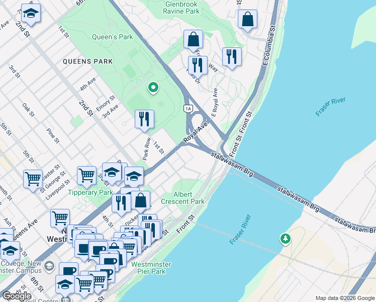 map of restaurants, bars, coffee shops, grocery stores, and more near Dufferin Street in New Westminster