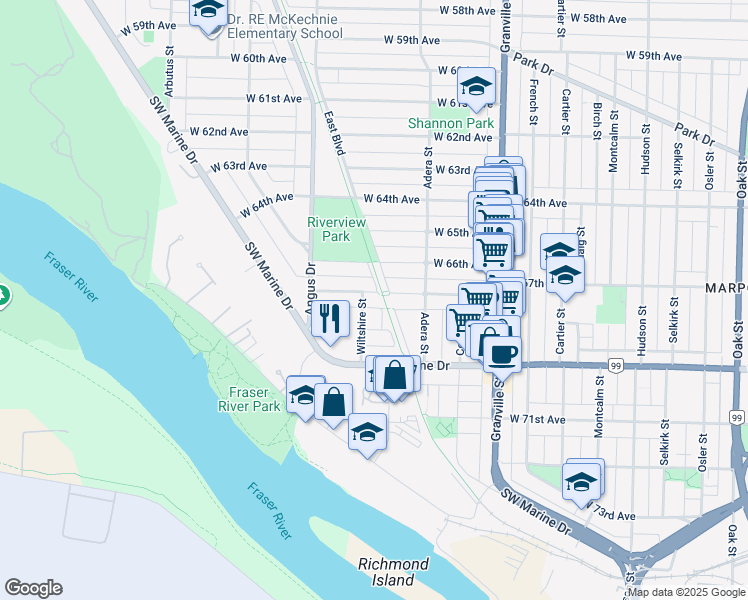map of restaurants, bars, coffee shops, grocery stores, and more near 1708 West 68th Avenue in Vancouver