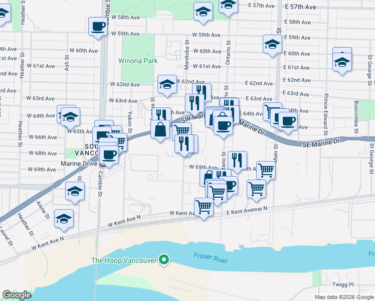 map of restaurants, bars, coffee shops, grocery stores, and more near 8250 Manitoba Street in Vancouver