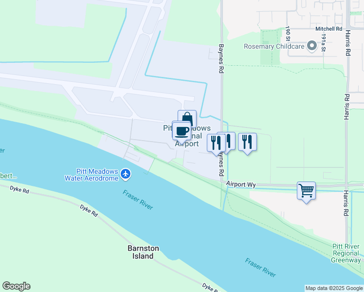 map of restaurants, bars, coffee shops, grocery stores, and more near 18799 Airport Way in Pitt Meadows