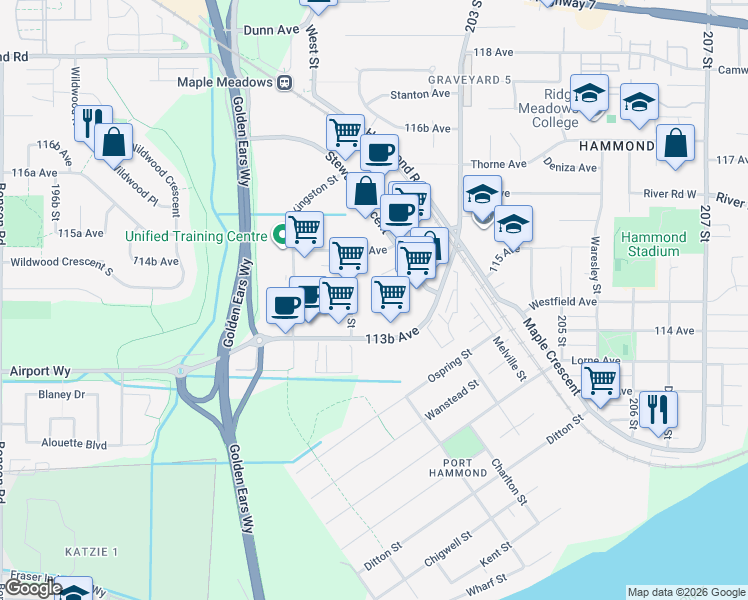 map of restaurants, bars, coffee shops, grocery stores, and more near 11455-11475 201A Street in Maple Ridge