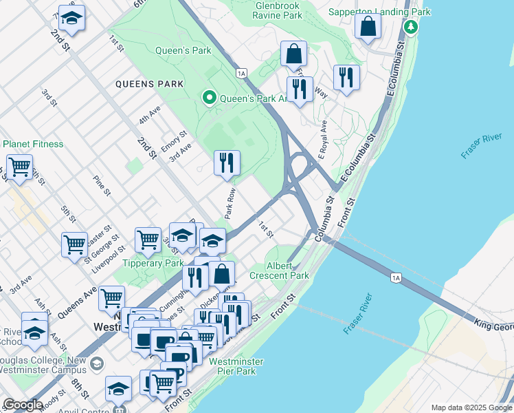 map of restaurants, bars, coffee shops, grocery stores, and more near 55 Royal Avenue in New Westminster