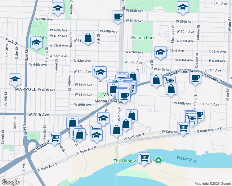 map of restaurants, bars, coffee shops, grocery stores, and more near 8189 Cambie Street in Vancouver