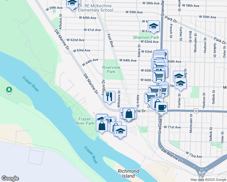 map of restaurants, bars, coffee shops, grocery stores, and more near 1748 West 68th Avenue in Vancouver