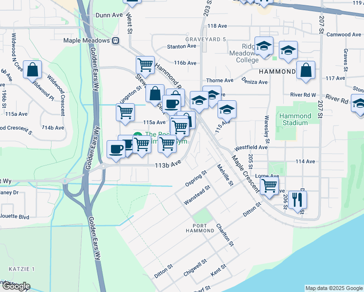 map of restaurants, bars, coffee shops, grocery stores, and more near 210-20285 Stewart Crescent in Maple Ridge