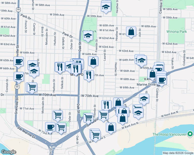 map of restaurants, bars, coffee shops, grocery stores, and more near 8318 Fremlin Street in Vancouver