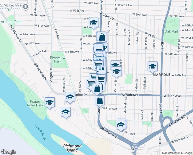 map of restaurants, bars, coffee shops, grocery stores, and more near 1506 West 68th Avenue in Vancouver