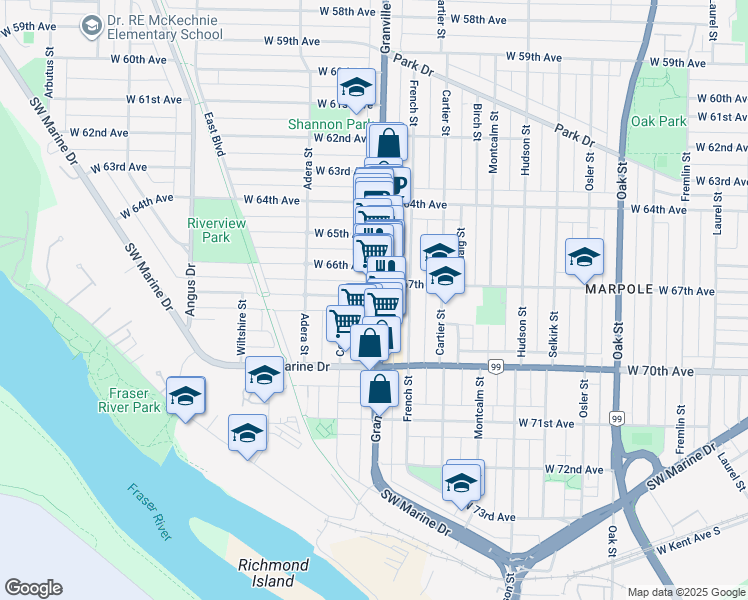 map of restaurants, bars, coffee shops, grocery stores, and more near 8405 Granville Street in Vancouver
