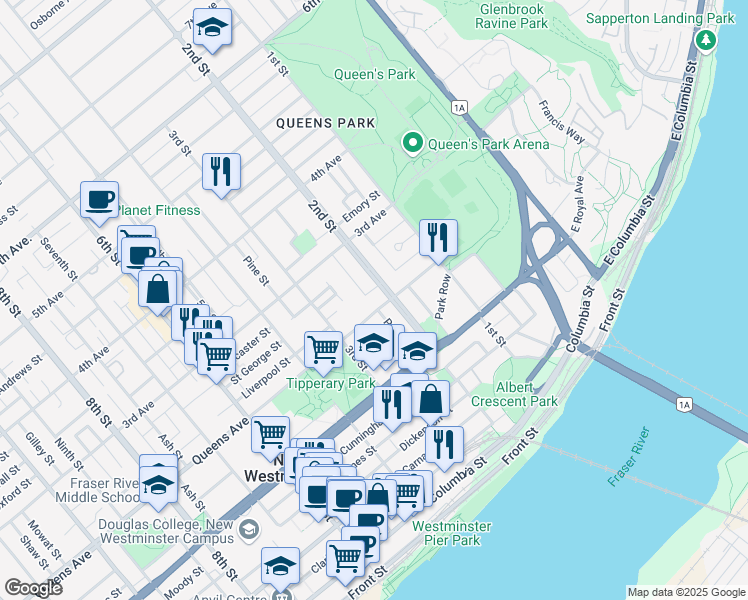 map of restaurants, bars, coffee shops, grocery stores, and more near 205 Queens Avenue in New Westminster