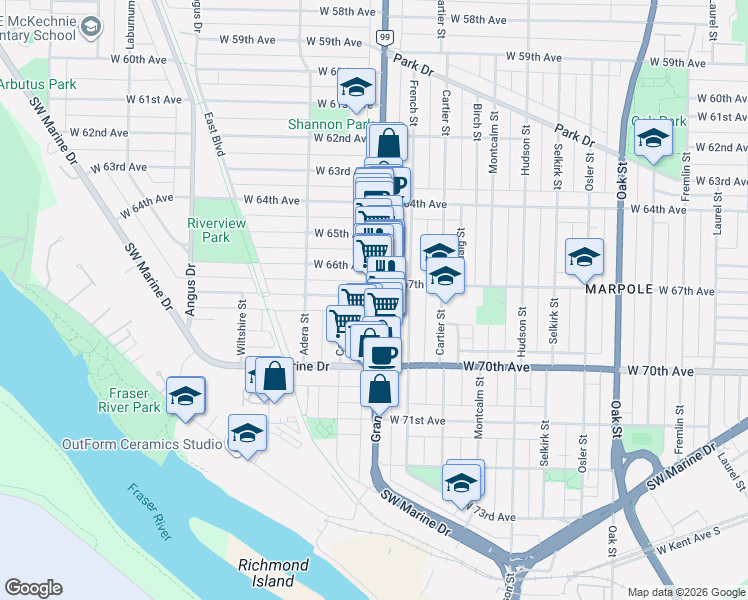 map of restaurants, bars, coffee shops, grocery stores, and more near 8405 Granville Street in Vancouver