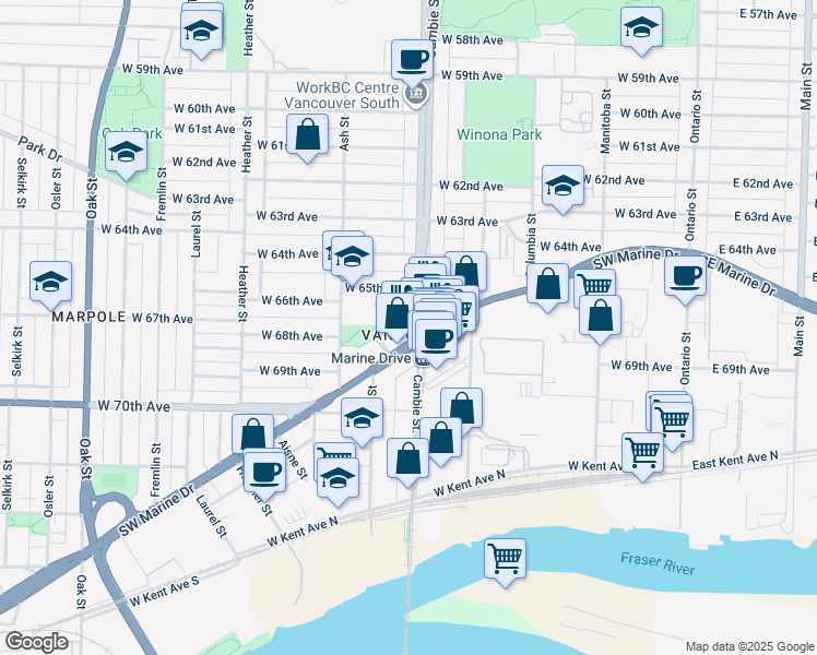 map of restaurants, bars, coffee shops, grocery stores, and more near 8189 Cambie Street in Vancouver