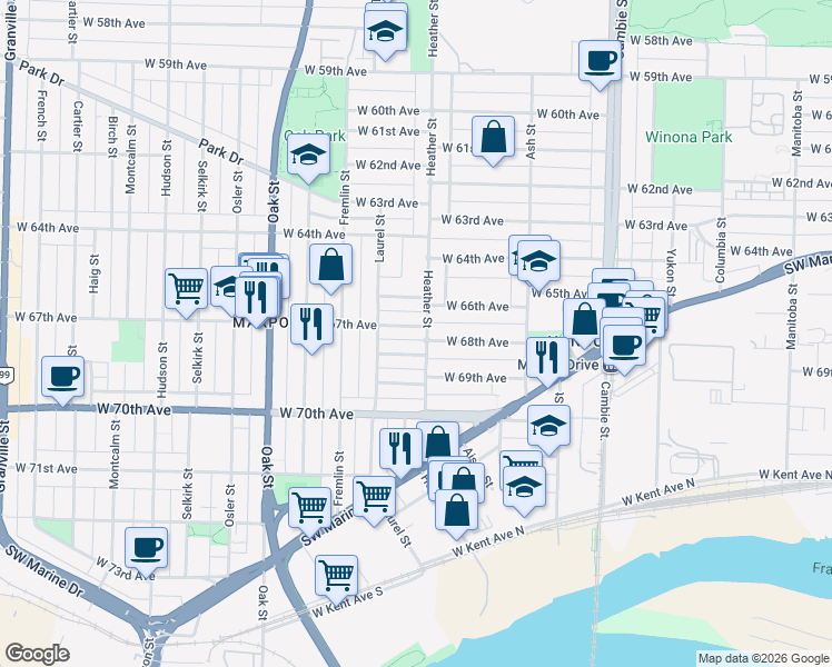 map of restaurants, bars, coffee shops, grocery stores, and more near 808 West 67th Avenue in Vancouver