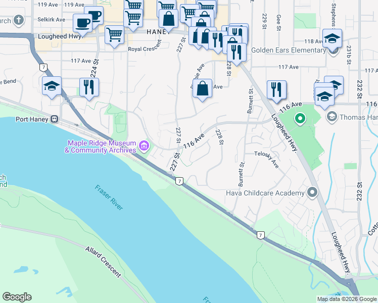 map of restaurants, bars, coffee shops, grocery stores, and more near 22740 116 Avenue in Maple Ridge