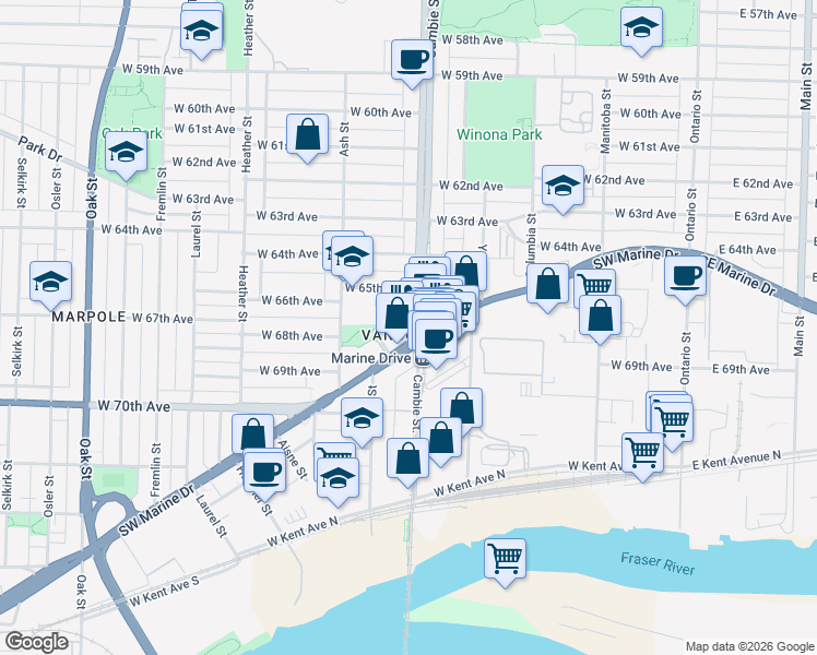 map of restaurants, bars, coffee shops, grocery stores, and more near 8189 Cambie Street in Vancouver