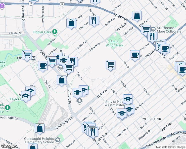 map of restaurants, bars, coffee shops, grocery stores, and more near 7728 Park Crescent in Burnaby