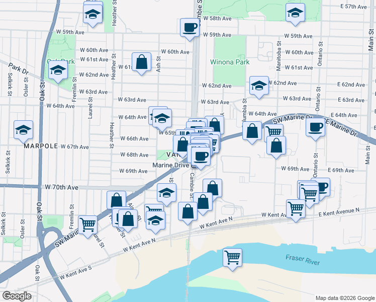 map of restaurants, bars, coffee shops, grocery stores, and more near 8189 Cambie Street in Vancouver