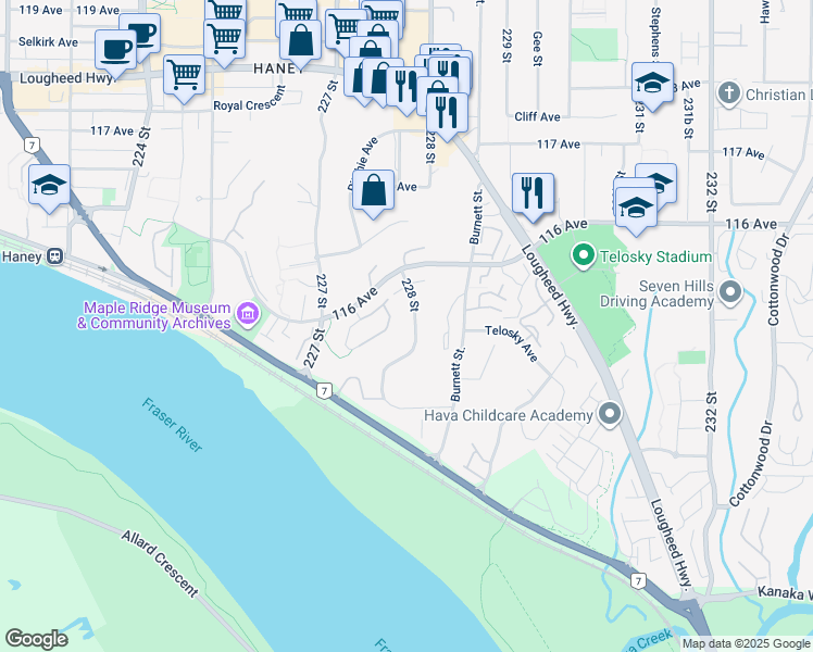 map of restaurants, bars, coffee shops, grocery stores, and more near 11505 228 Street in Maple Ridge
