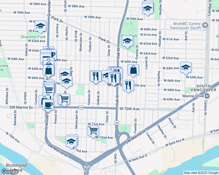 map of restaurants, bars, coffee shops, grocery stores, and more near 8328 Osler Street in Vancouver