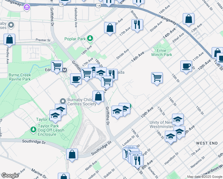 map of restaurants, bars, coffee shops, grocery stores, and more near 7088 14th Avenue in Burnaby