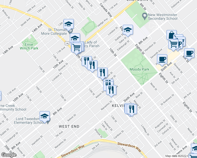 map of restaurants, bars, coffee shops, grocery stores, and more near 1188 8th Avenue in New Westminster