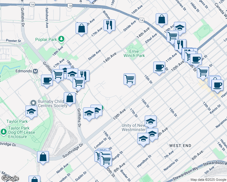 map of restaurants, bars, coffee shops, grocery stores, and more near 7728 Park Crescent in Burnaby